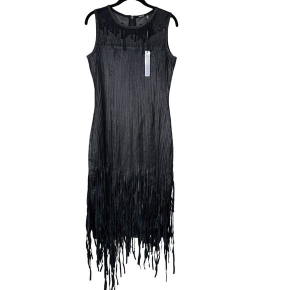 Elie Tahari Dresses & Skirts - Elie Tahari Womens Black Lamb Leather Fringe Mesh Sleeveless Midi Dress Size 8